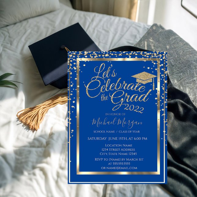 Gold Graduation Cap Diamonds Blue Graduation   Invitation (Creator Uploaded)