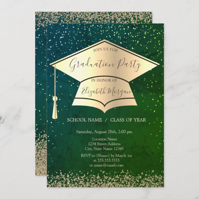 Gold Graduation Cap,Diamonds Green Graduation Invitation (Front/Back)