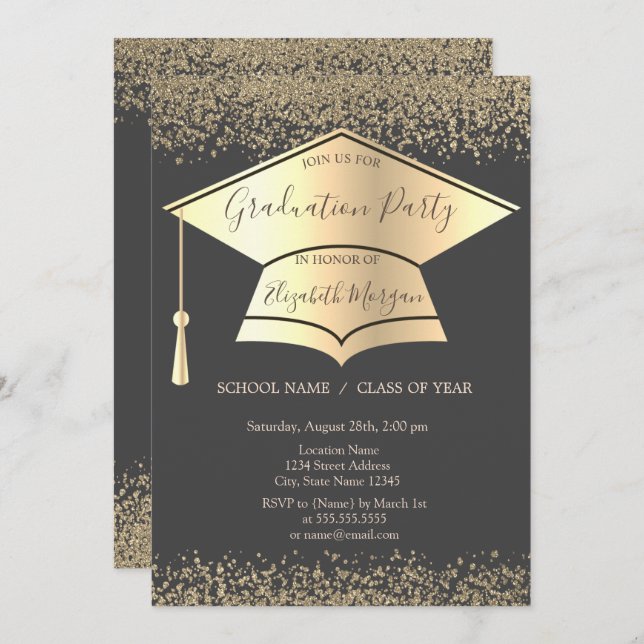 Gold Graduation Cap,Diamonds Grey Graduation Invitation (Front/Back)