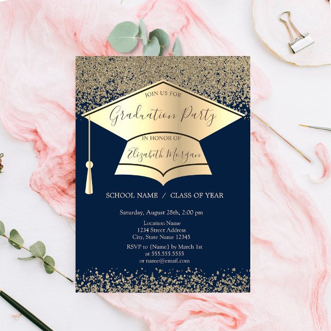 Gold Graduation Cap,Diamonds Navy Blue Graduation Invitation (Creator Uploaded)