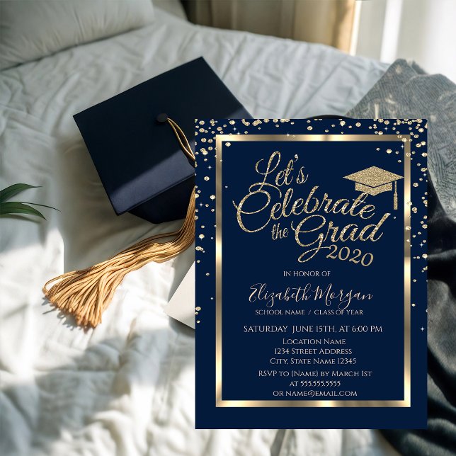 Gold Graduation Cap Diamonds Navy Blue Graduation Invitation (Creator Uploaded)