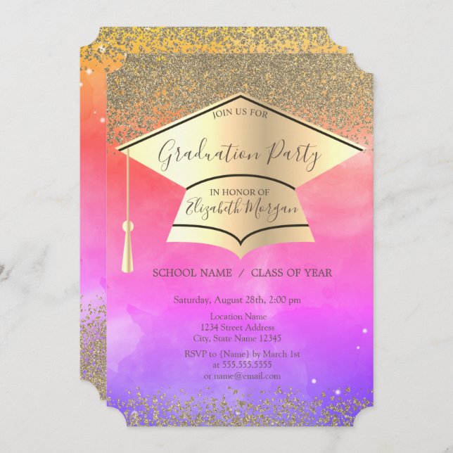 Gold Graduation Cap,Diamonds Ombre Graduation Invitation (Front/Back)
