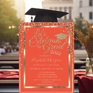 Gold Graduation Cap Diamonds Orange Graduation Invitation