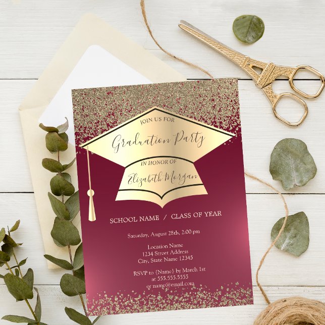 Gold Graduation Cap,Diamonds Red Graduation Invitation (Creator Uploaded)
