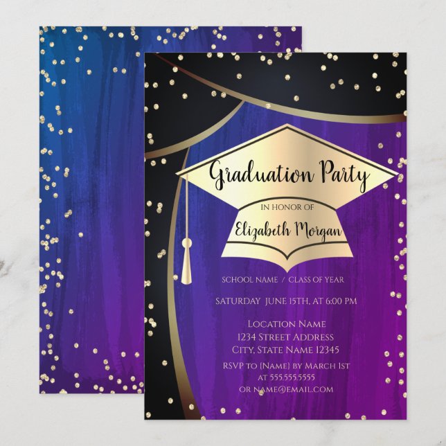 Gold Graduation Cap,Diamonds Violet Graduation Invitation (Front/Back)