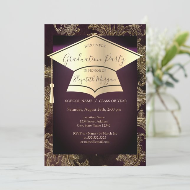 Gold Graduation Cap,Floral Damask Graduation  Invitation (Standing Front)