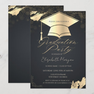 Gold Graduation Cap Frame Confetti Grey Invitation