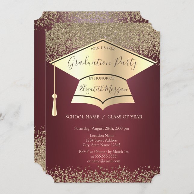 Gold Graduation Cap,Gold Diamonds Graduation Invitation (Front/Back)