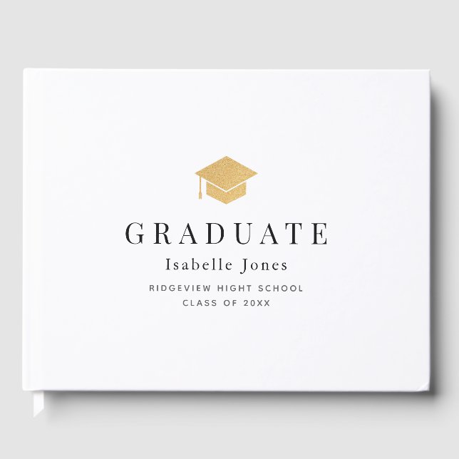 Gold Graduation Cap Minimalist White Graduation Guest Book (Front)
