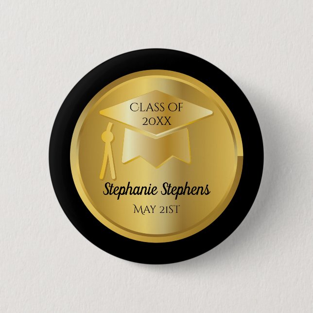 Gold Graduation Cap on Gold Gradient | Black 6 Cm Round Badge (Front)