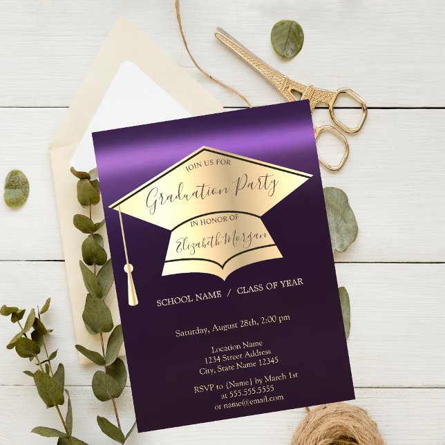 Gold Graduation Cap,Purple Graduation  Invitation (Creator Uploaded)