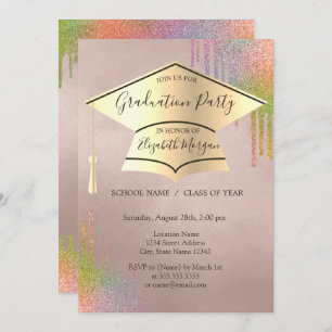 Gold Graduation Cap,Rainbow Drips Graduation  Invitation