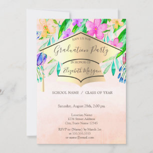 Gold Graduation Cap Spring Flowers Graduation Invitation