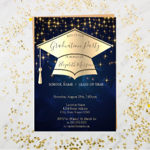 Gold Graduation Cap,Stars Blue Graduation Invitation