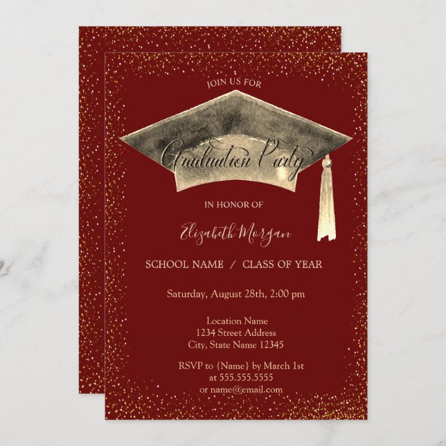 Gold Graduation Cap Tassel Red Graduation  Invitation (Front/Back)