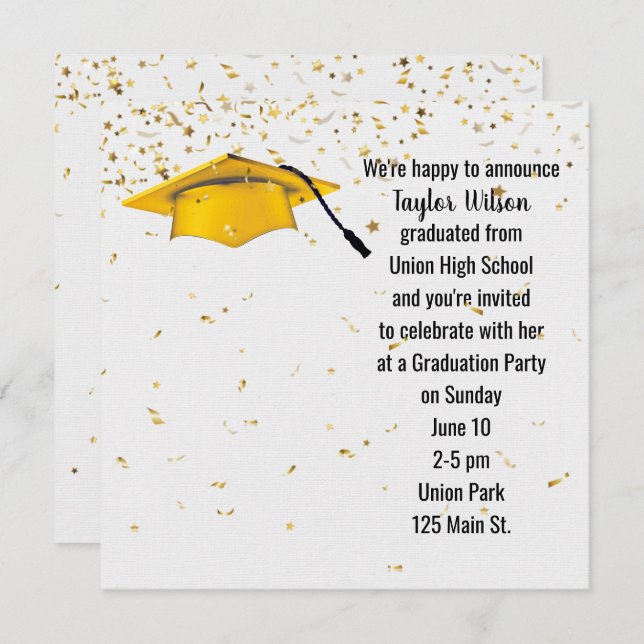 Gold Graduation Cap with Gold Confetti   Invitation (Front/Back)