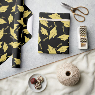 Gold Graduation Caps in the Air on Black Fun Party Wrapping Paper