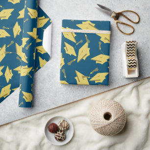 Gold Graduation Caps in the Air on Blue Fun Party Wrapping Paper