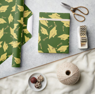 Gold Graduation Caps in the Air on Green Fun Party Wrapping Paper