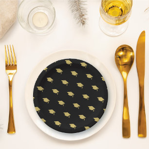 Gold Graduation Hat On Black Modern Grad Party Paper Plate