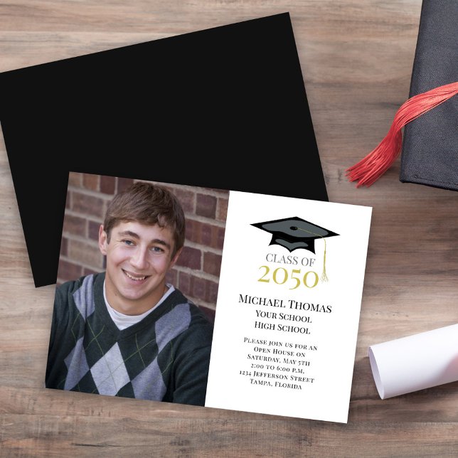 Gold Graduation Hat Photo Template (Classic Graduation photo invitation template with classic graduation hat.)