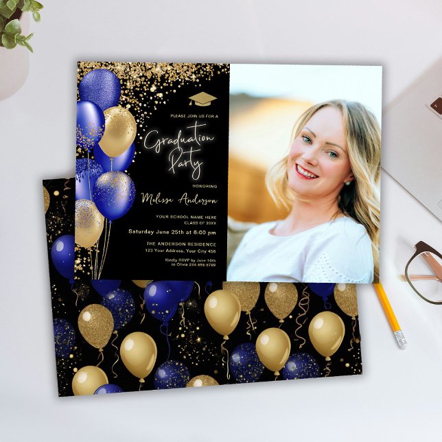 Gold Graduation Party Navy Blue balloons Invitation (Creator Uploaded)