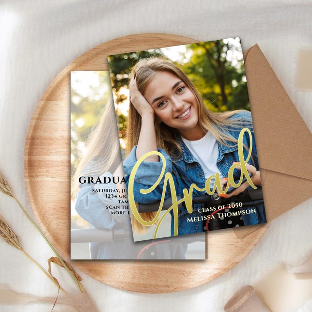 Gold Graduation Photo Elegant Custom Announcement (Graduation photo invitation with gold calligraphy script and a 2-photo template. )