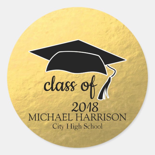 Gold Graduation Sticker Black Mortar Board & Text (Front)