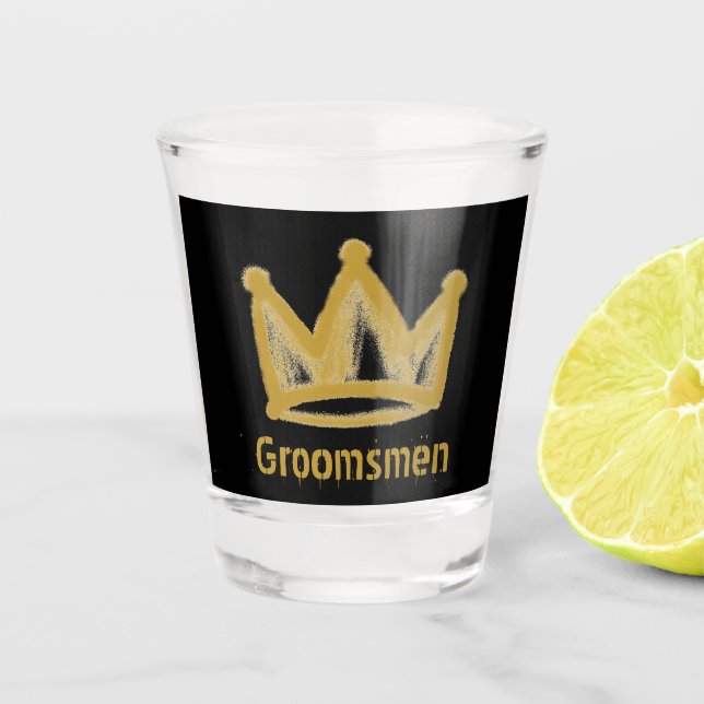Gold graffiti crown grooms gift shot glass (Front)