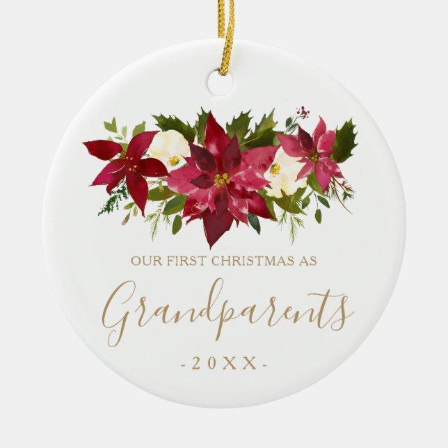 Gold Grandparents First Christmas Photo Poinsettia Ceramic Tree Decoration (Front)