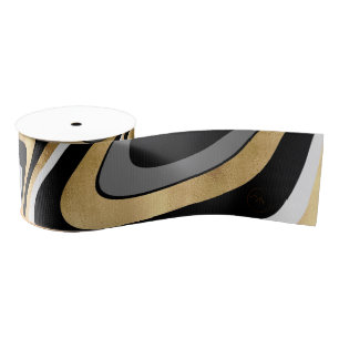 Gold Gray Abstract Swirl Retro Black Pattern Grosgrain Ribbon