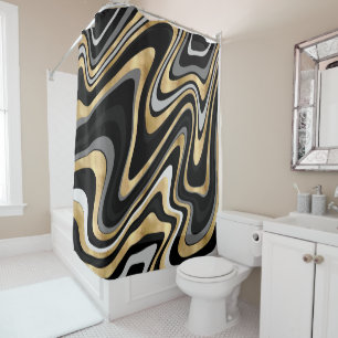 Gold Gray Abstract Swirl Retro Black Pattern Shower Curtain