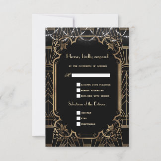 Gold Great Gatsby Black Art Deco 1920s Wedding RSVP Card