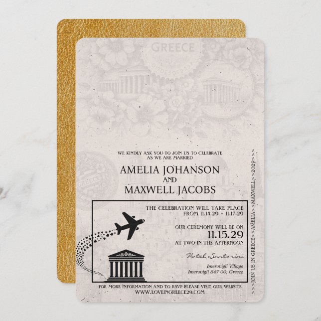 Gold Greece Passport Wedding Invitation (Front/Back)