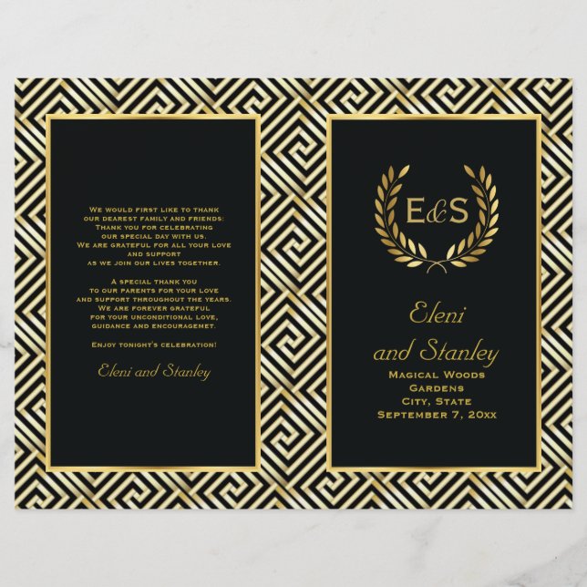 Gold Greek key & laurel wreath wedding program (Front)