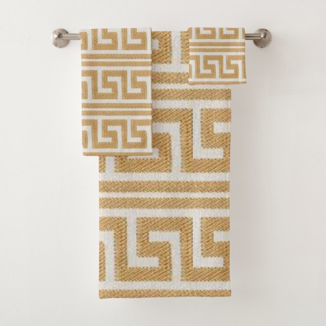 Gold Greek Key on White Bath Towel Set (Insitu)