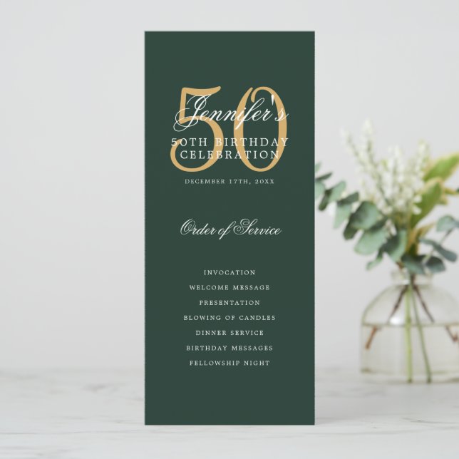 Gold Green 50th Birthday Party Program w/ Menu Invitation (Standing Front)