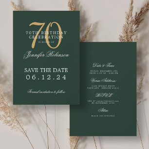 Gold Green 70th Birthday Save the Date w/ Details Invitation