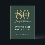 Gold Green 80th Birthday Save the Date  Invitation<br><div class="desc">Elegant "80th Birthday Party" design with a formal typography script,  custom name,  and detailed text. Easy to use and easy to personalise. Order Today!</div>
