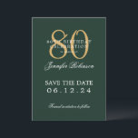 Gold Green 80th Birthday Save the Date  Invitation<br><div class="desc">Elegant "80th Birthday Party" design with a formal typography script,  custom name,  and detailed text. Easy to use and easy to personalise. Order Today!</div>