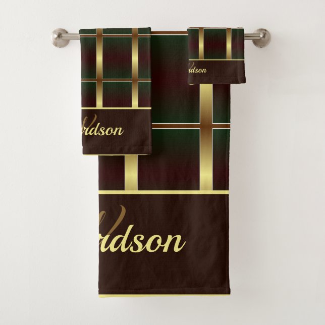 Gold, Green And Burgundy Chequered Monogrammed Bath Towel Set (Insitu)