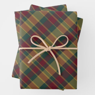 Gold Green And Red Christmas Plaid X Print Wrapping Paper Sheet