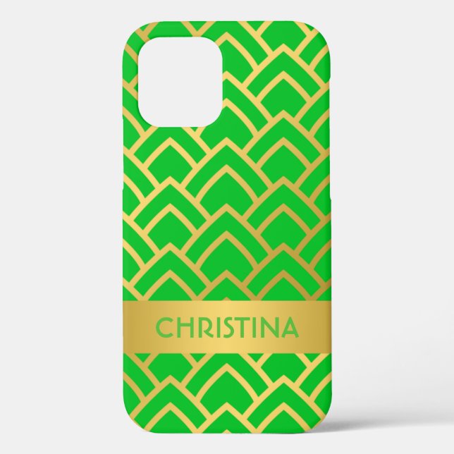 Gold Green Art Deco Geometric Personalised Name Case-Mate iPhone Case (Back)