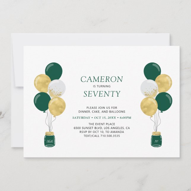 Gold & Green Balloons Modern Adult Birthday Party Invitation (Front)