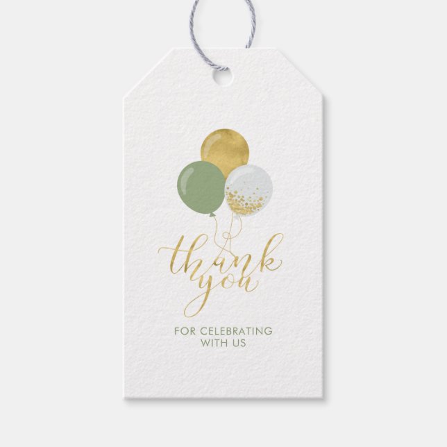 Gold & Green Balloons | Party Thank you Favour Tag (Front)