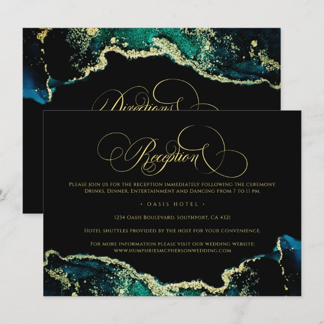 Gold Green Black Reception Directions Wedding Enclosure Card (Front/Back)