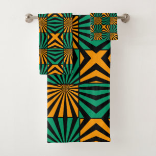 Gold Green Black Square Geometric Pattern  Bath Towel Set