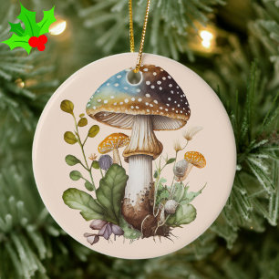 Gold Green Blue Woodland Mushroom Cottagecore Ceramic Tree Decoration