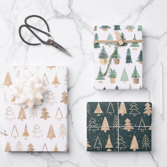 Gold Green Boho Christmas Trees Trendy Wrapping Paper Sheet (Front)