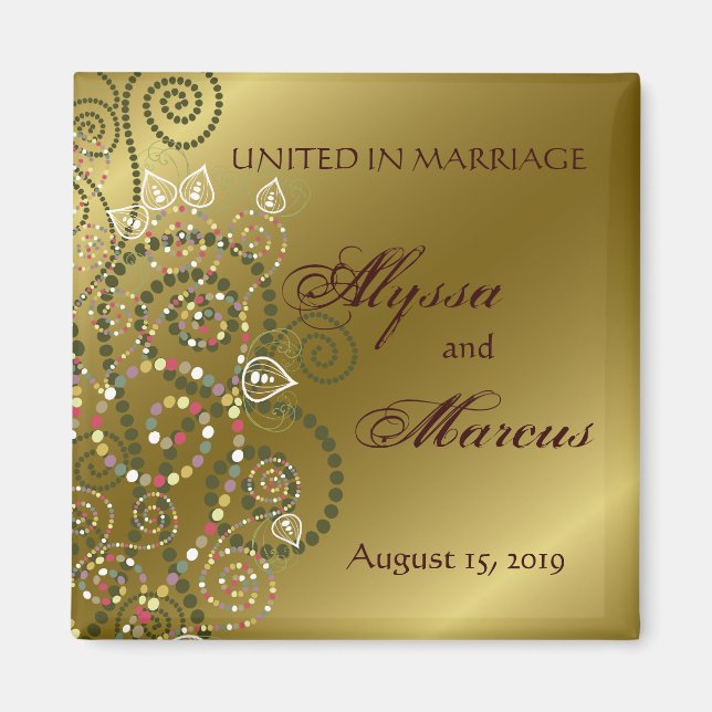 Gold & Green Boho Dot Spirals United In Marriage Magnet (Front)